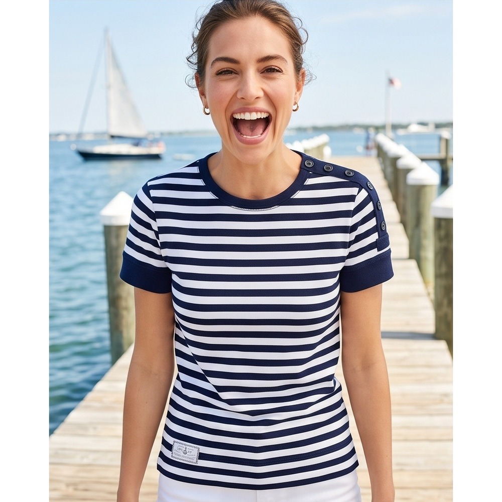 Lauren Ralph Lauren XL Striped Pima Cotton Button Shoulder Tee Navy White